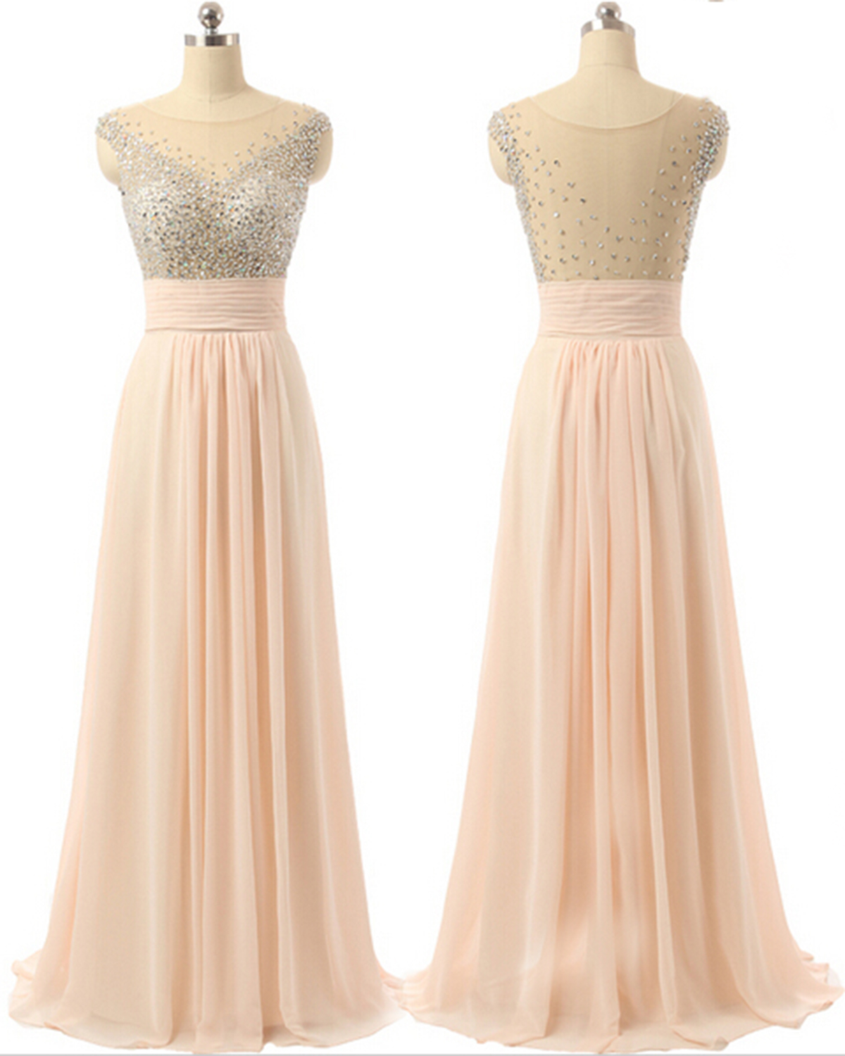 Blush Pink See-through High Quality Long Beading A-line Prom Dresses, Evening Dress, Bridesmaid 